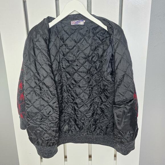 New Wang Kong VTG Rose Floral Grey Red Woman Cardigan Jacket Large Grannycore - Picture 3 of 9